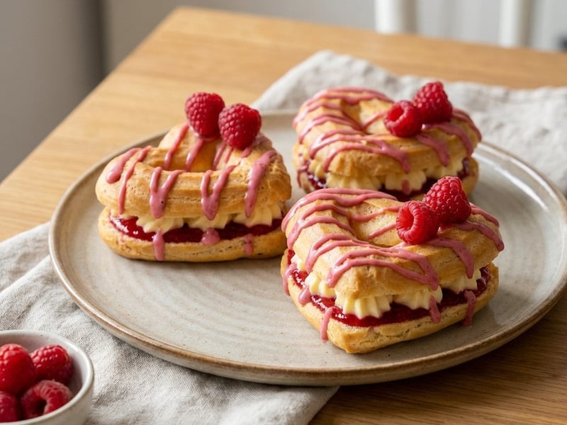 Brandteig-Herzen mit Vanillecreme und Himbeergelee