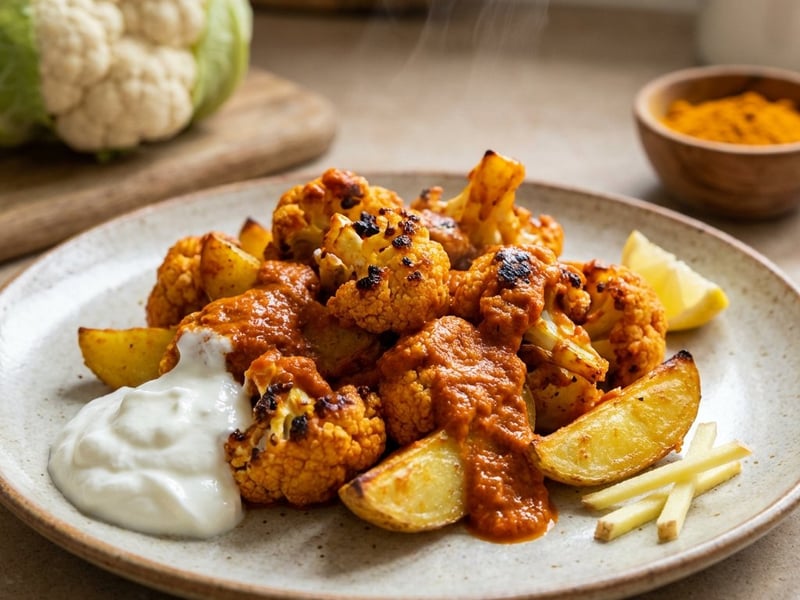 Gerösteter Tandoori-Blumenkohl mit Kartoffelspalten