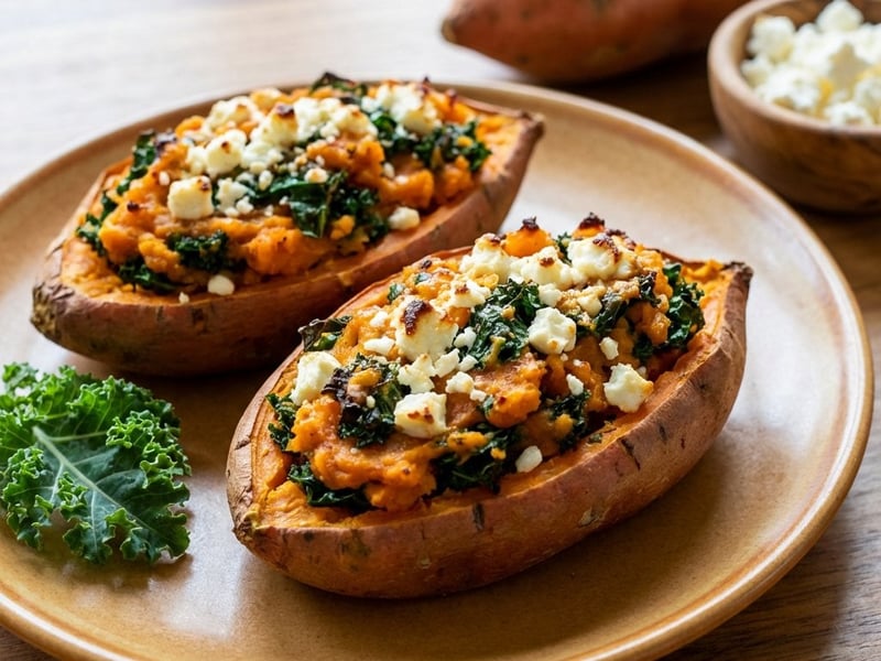 Gebackene Süßkartoffeln mit Grünkohl und Feta
