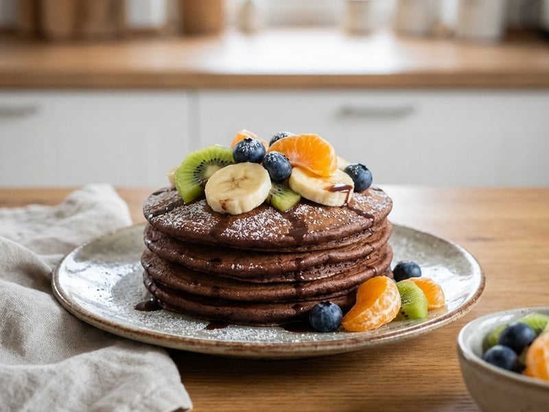 Fluffy Chocolate Pancakes with Fresh Fruit