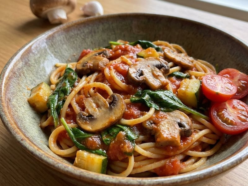 One-Pot-Pasta mit Champignons und Tomaten | Vegan & Schnell