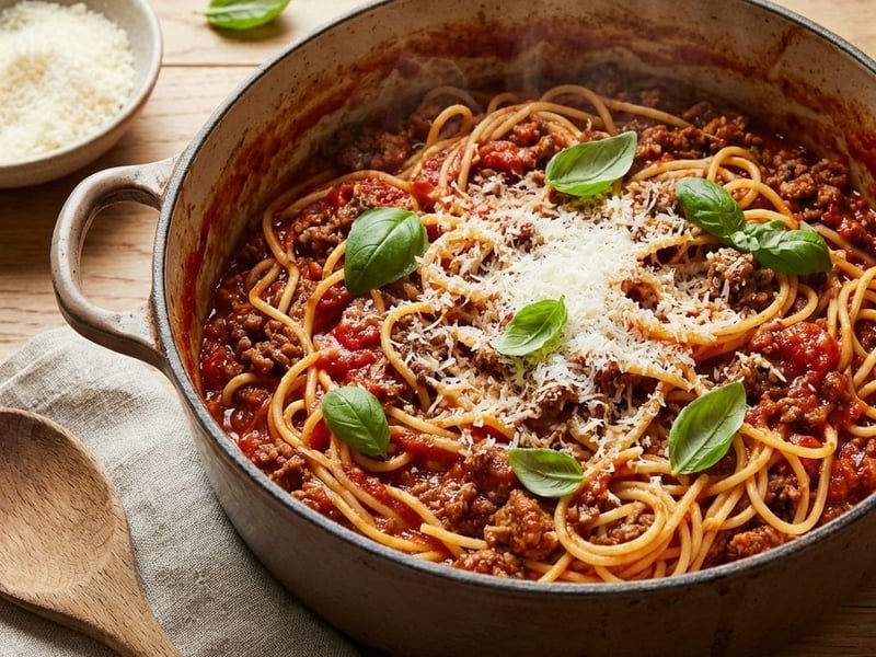 One-Pot-Spaghetti mit Tomatensauce und Hackfleisch