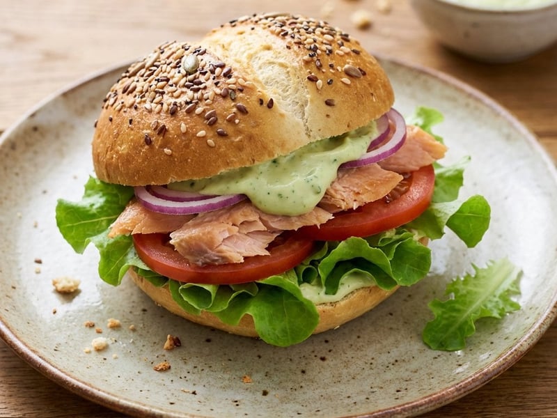 Joghurt-Brötchen mit Räucherforelle und Avocado-Dressing