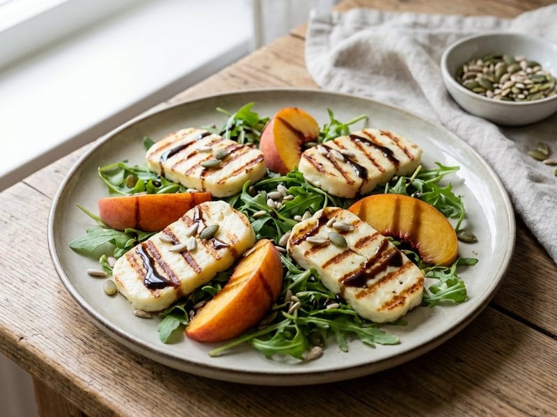Salat mit gegrilltem Halloumi und Pfirsich