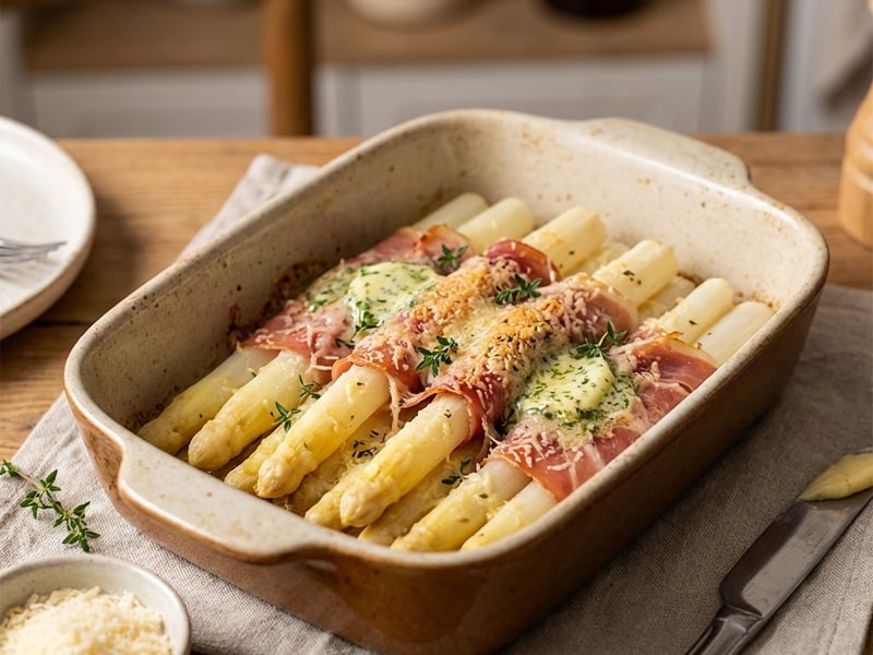 Gebackener weißer Spargel mit Parmaschinken und Kräuterbutter