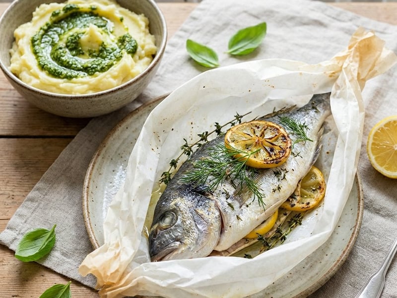 Goldbrasse in der Papillote mit Pesto-Kartoffelstampf