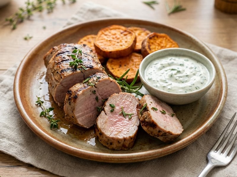 Gegrilltes Schweinefilet mit Süßkartoffeln und Dip