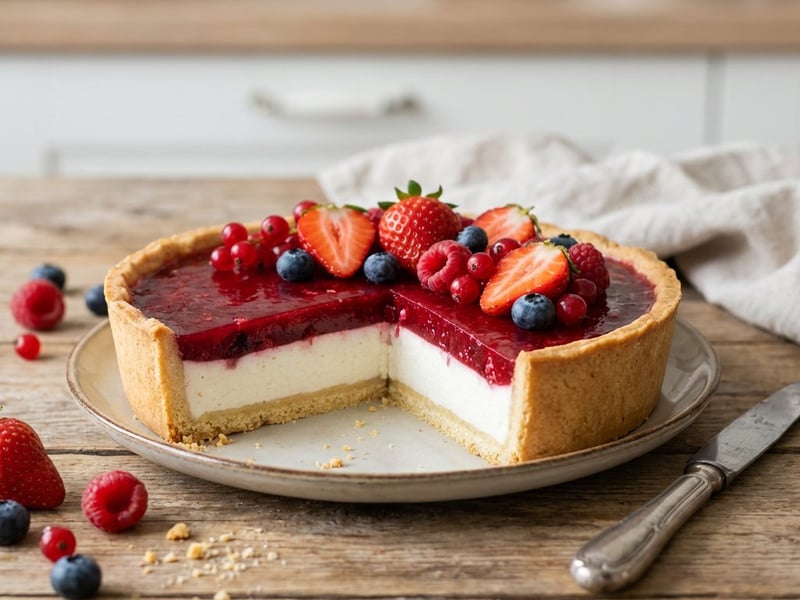 Mürbeteigkuchen mit Quarkcreme und Waldbeeren-Gelee