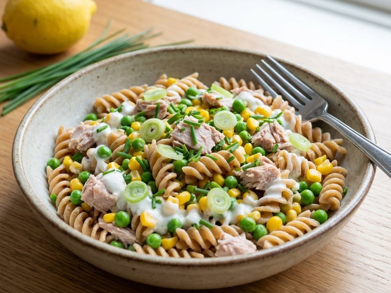 Nudelsalat mit Thunfisch, Mais und Erbsen
