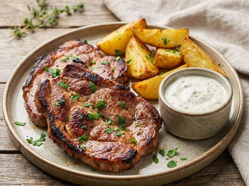 Gegrillter Schweinenacken mit Röstkartoffeln und Knoblauch-Dip