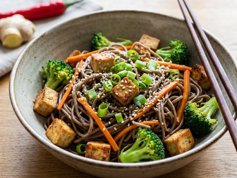 Soba-Nudeln mit Tofu und Brokkoli