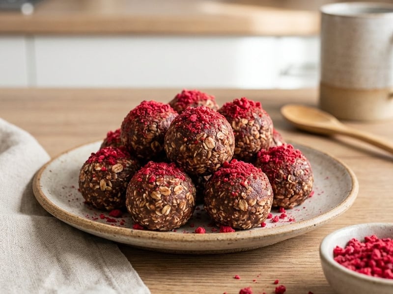 Haferflocken-Bällchen mit Kakao und Himbeeren
