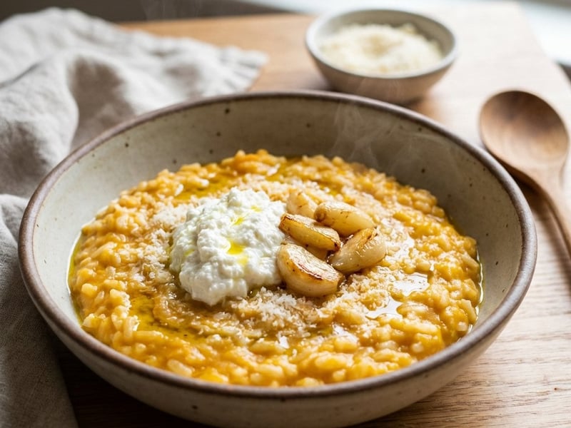 Kürbis-Risotto mit geröstetem Knoblauch und Ricotta
