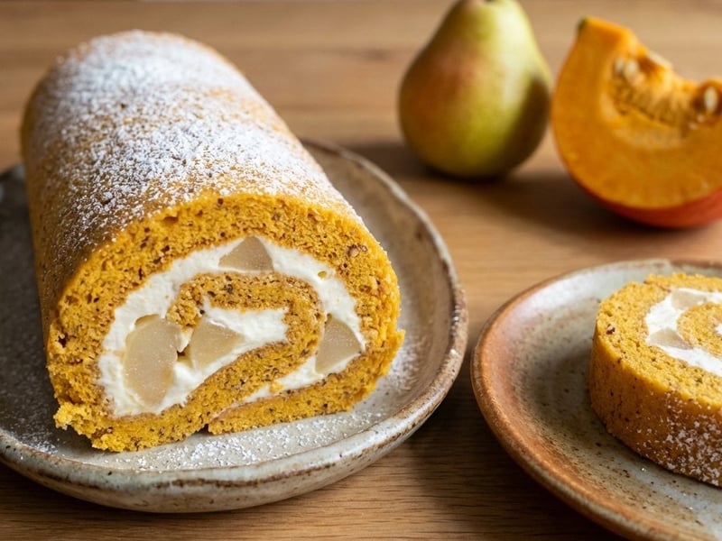 Kürbisrolle mit leichter Creme und Birnen