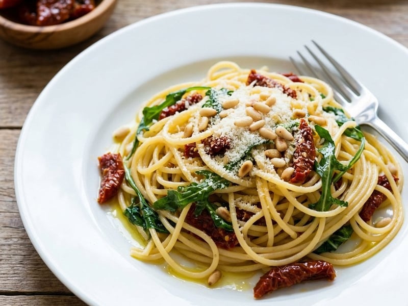 Spaghetti mit getrockneten Tomaten und Rucola
