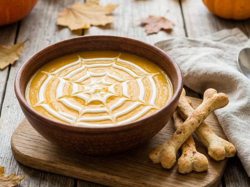 Halloween-Kürbissuppe mit Brot-Knochen