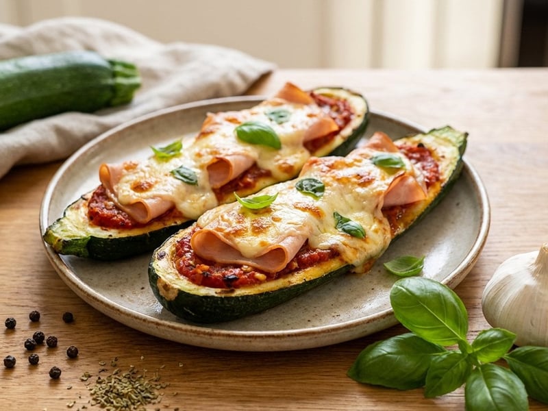 Überbackene Zucchini mit Putenschinken und Mozzarella