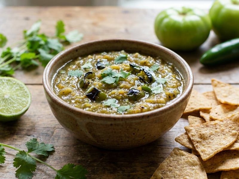 Salsa aus gerösteten grünen Tomaten mit Tortilla-Chips