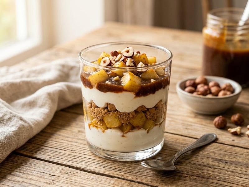 Quark-Dessert mit gerösteten Äpfeln und Dattelkaramell