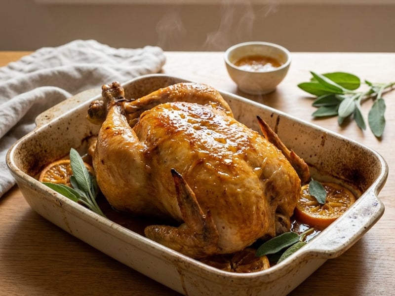 Saftiges Orangen-Hähnchen mit Honig und Salbei