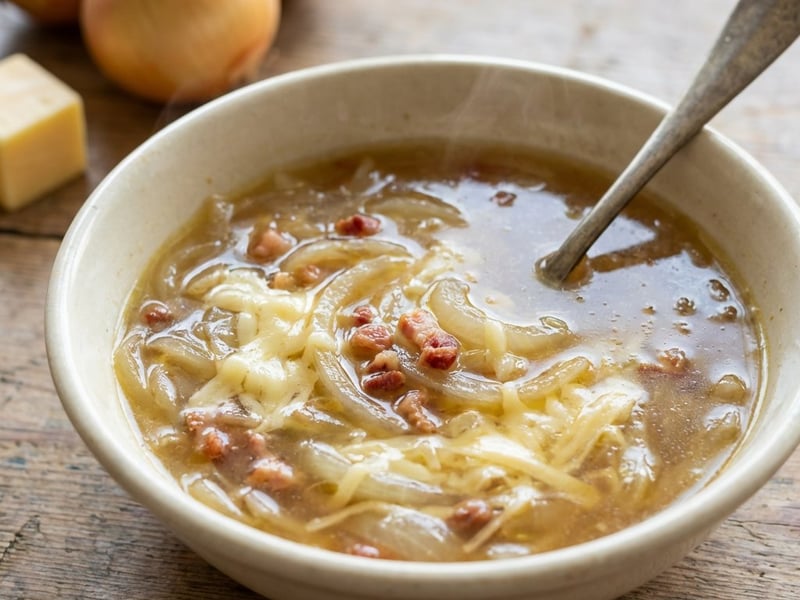 Herzhafte Low-Carb Zwiebelsuppe mit Speck & Käse