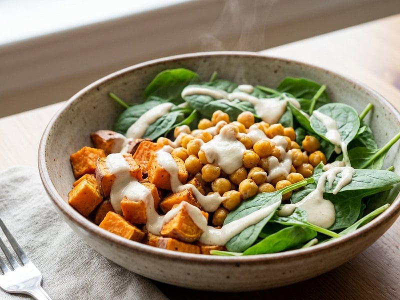 Süßkartoffel-Kichererbsen-Salat mit Cashew-Dressing