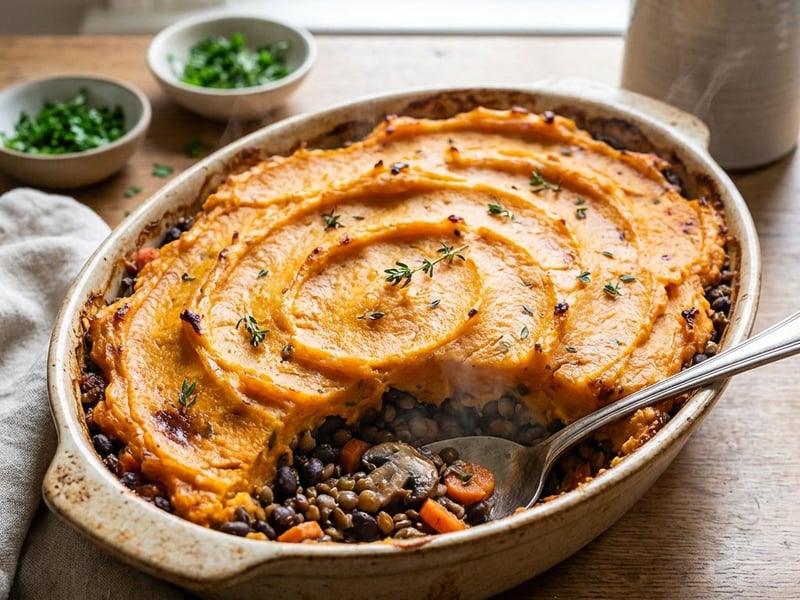 Vegetarischer Shepherd's Pie mit Süßkartoffelhaube