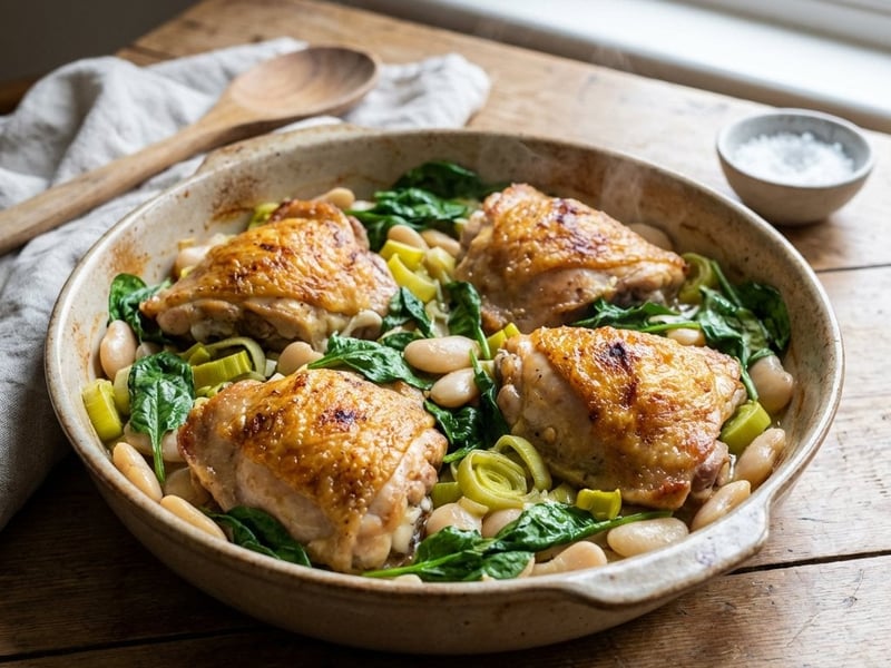 Hähnchen mit Lauch, Riesenbohnen und Spinat