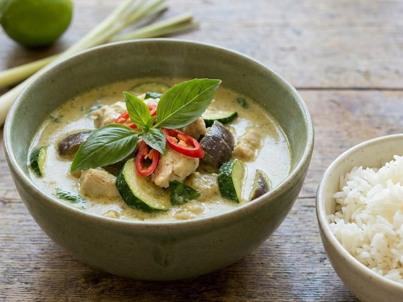 Grünes Thai-Curry mit Hähnchen und Gemüse