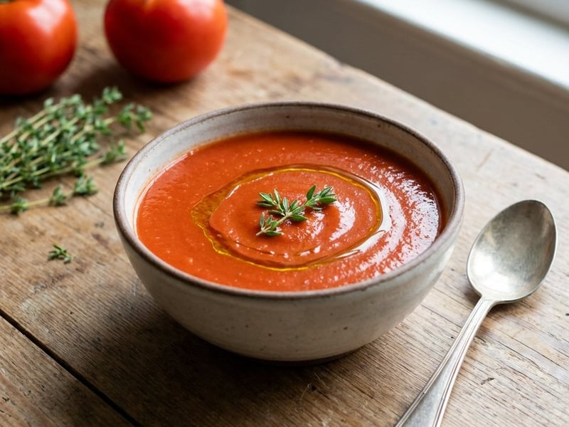 Tomatensuppe mit frischen Tomaten und Thymian