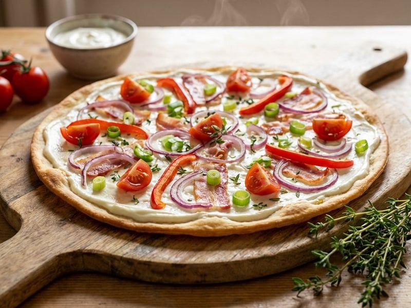 Flammkuchen mit Speck und Gemüse | Knusprig & Schnell