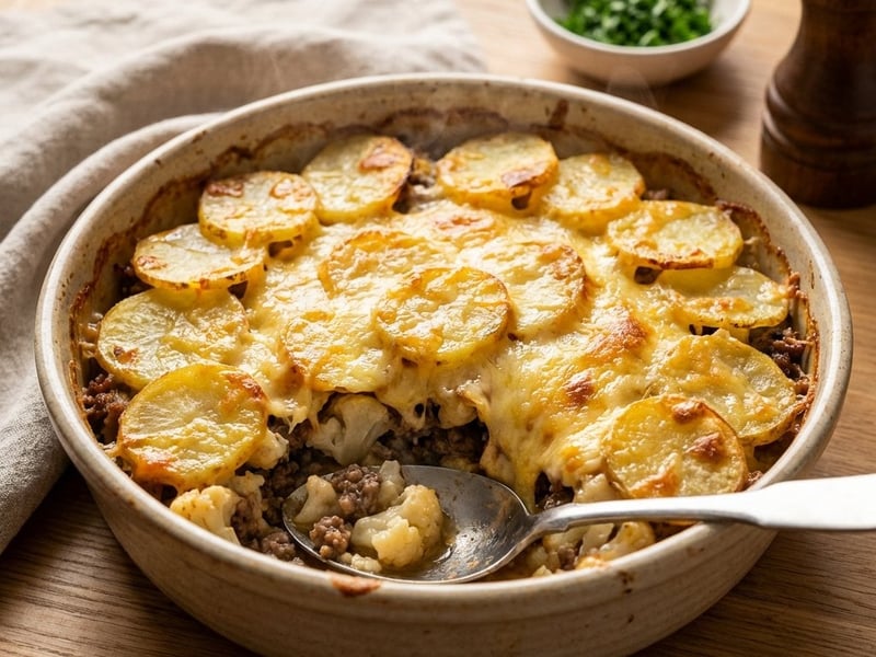 Überbackener Blumenkohl mit Hackfleisch und Kartoffeln