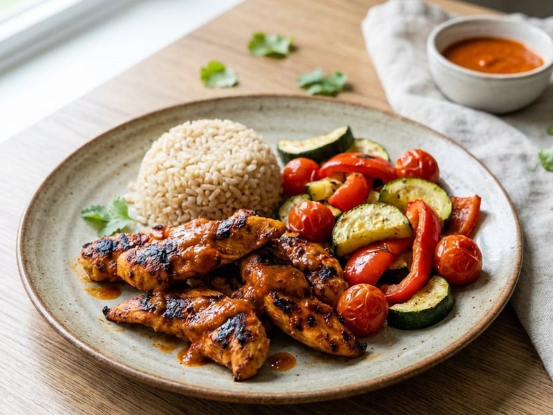 Hähnchen Piri Piri mit Vollkornreis und Röstgemüse