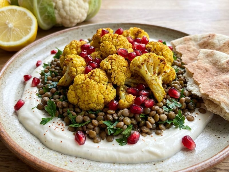 Linsensalat mit geröstetem Blumenkohl und Tahini-Joghurt