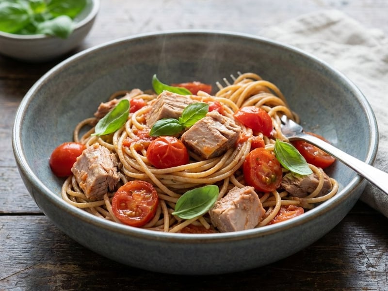 Pasta al tonno mit Kirschtomaten & Basilikum