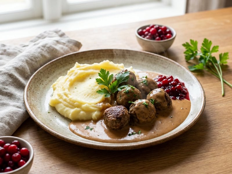 Schwedische Fleischbällchen mit Kartoffelpüree und Rahmsauce