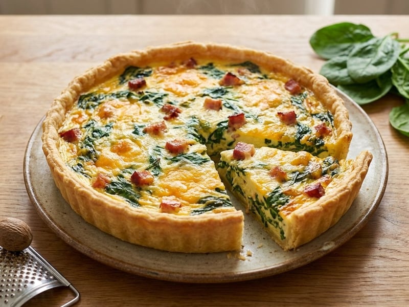 Herzhafte Käse-Quiche mit Spinat und Speck