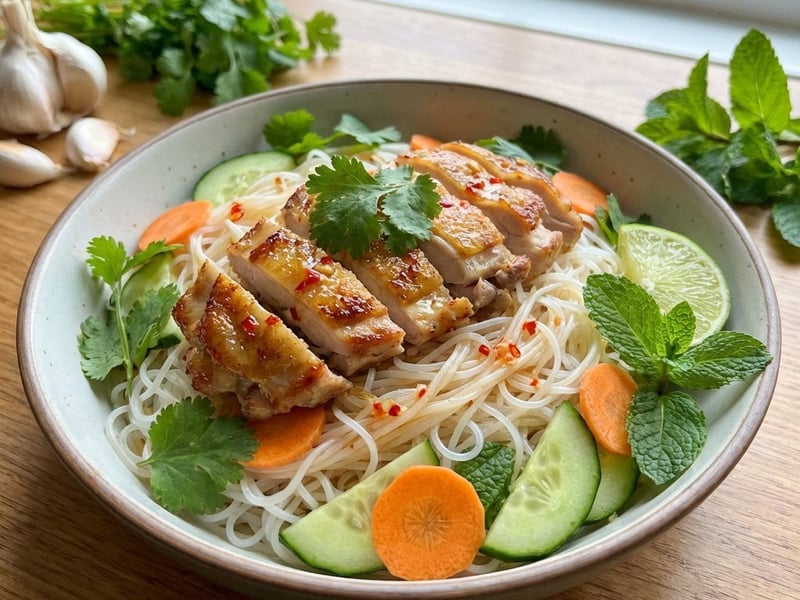 Vietnamesischer Hähnchensalat mit Reisnudeln
