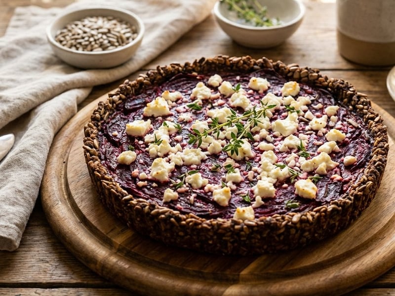 Rote-Bete-Quiche mit Sonnenblumenkern-Boden