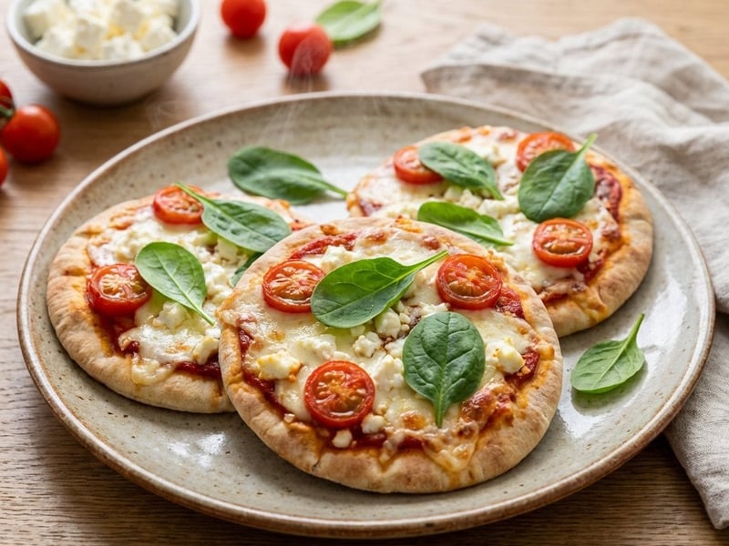 Mini-Pizzen aus Pitabrot mit Feta und Spinat