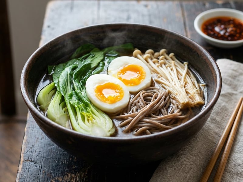 Asiatische Soba-Nudelsuppe mit Ei und Enoki-Pilzen