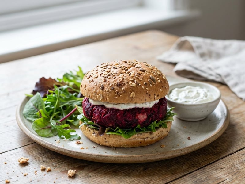 Rote-Bete-Burger mit Ziegenkäse-Dip