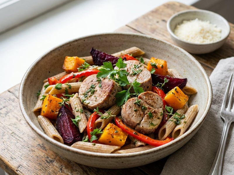 Vollkornpasta mit Schweinefilet und Röstgemüse
