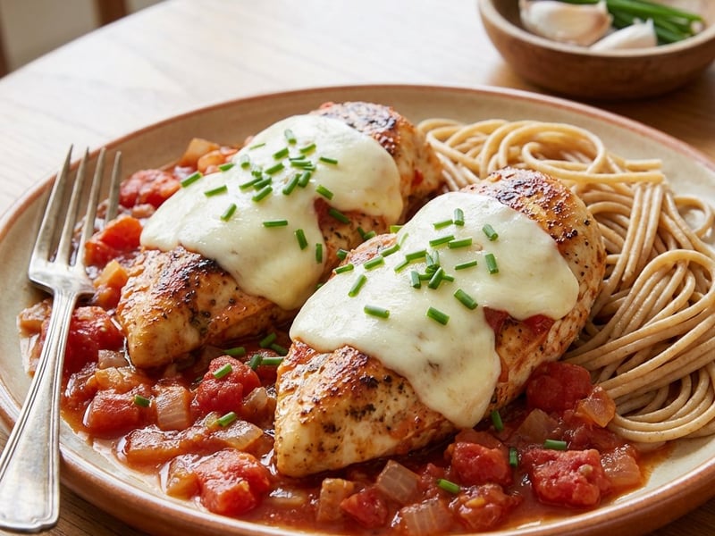 Hähnchenbrust in Tomatensauce mit Mozzarella überbacken