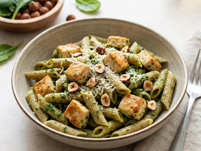 Vollkornpasta mit Hähnchen und Spinatpesto
