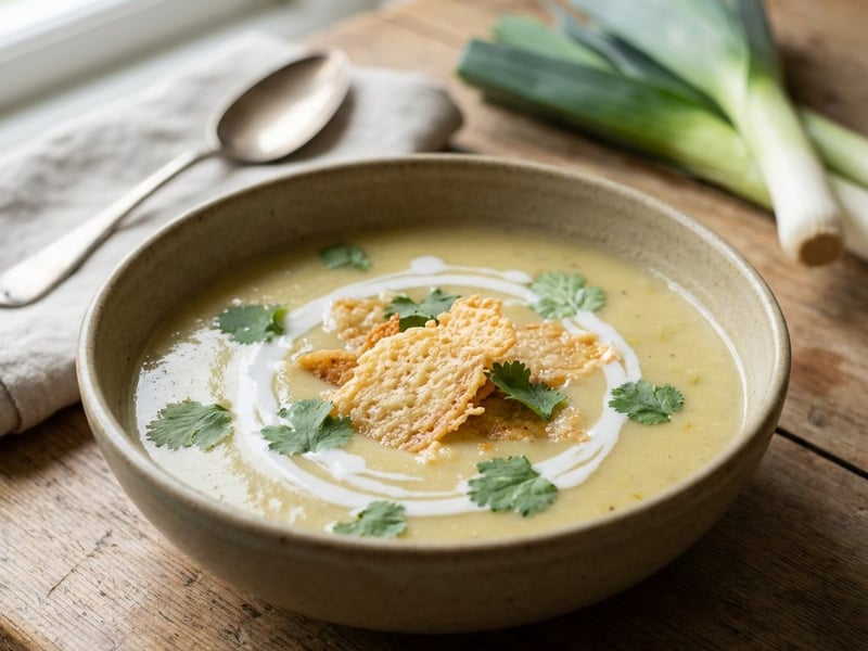 Cremige Lauchsuppe mit Kokosmilch und Parmesan-Chips
