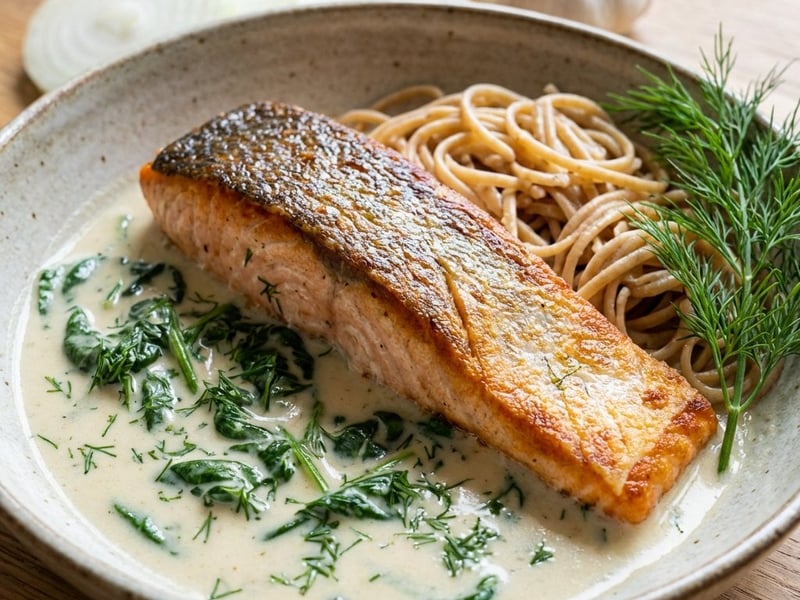 Lachs in Kokosmilchsauce mit Spinat und Dill