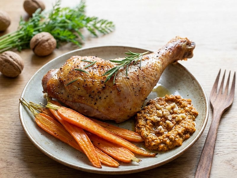 Roasted Turkey Leg with Carrots and Carrot Green Pesto