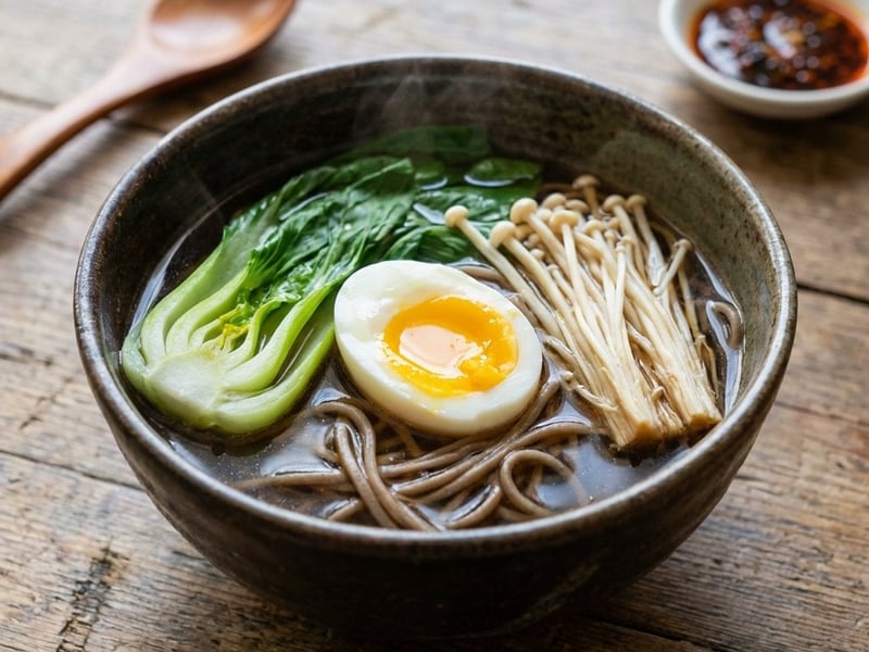 Asiatische Soba-Nudelsuppe mit Ei und Enoki-Pilzen