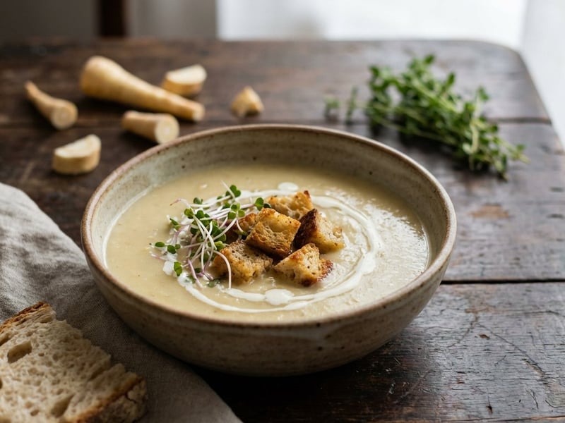 Samtige Pastinakencremesuppe mit Sauerteig-Croutons